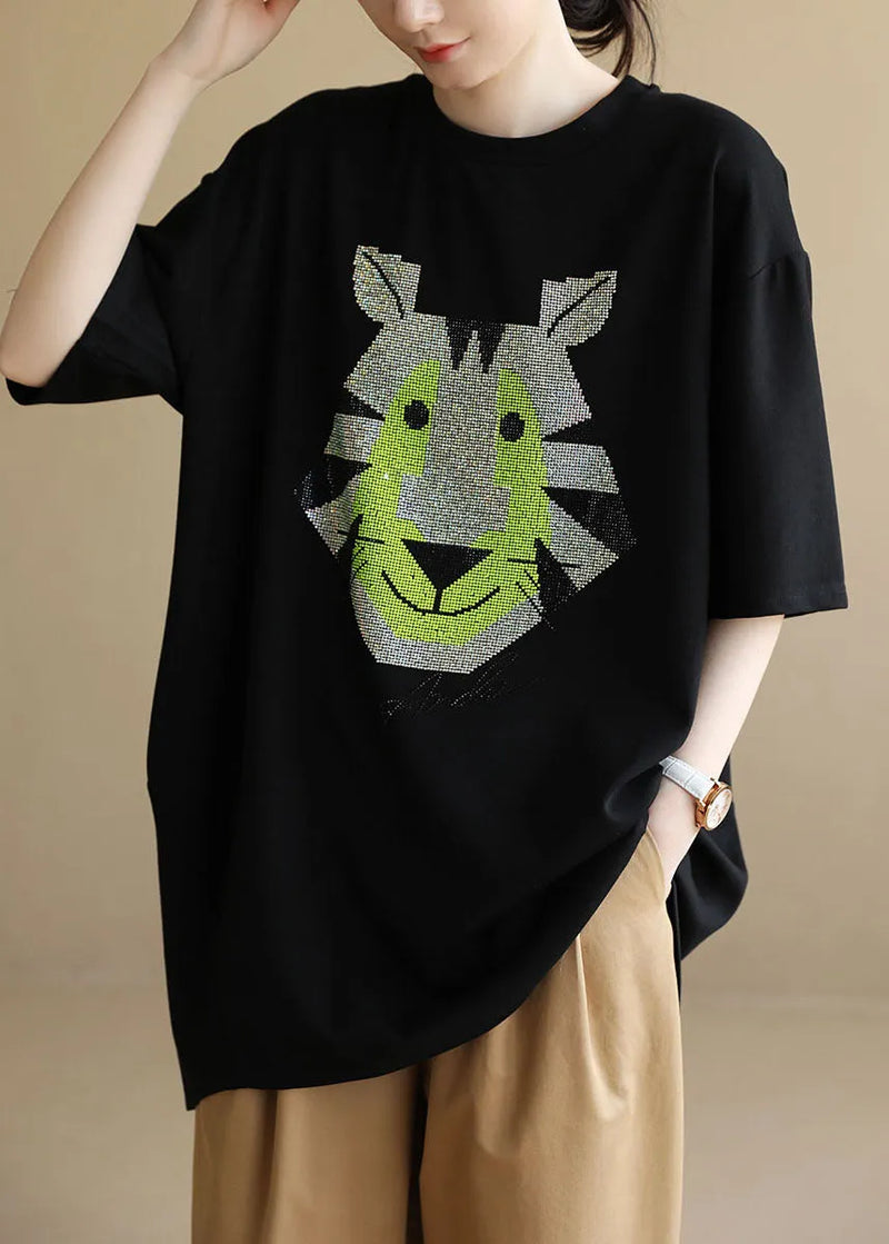 Loose Black O-neck Animal Print Side Open Cotton Tanks Short Sleeve