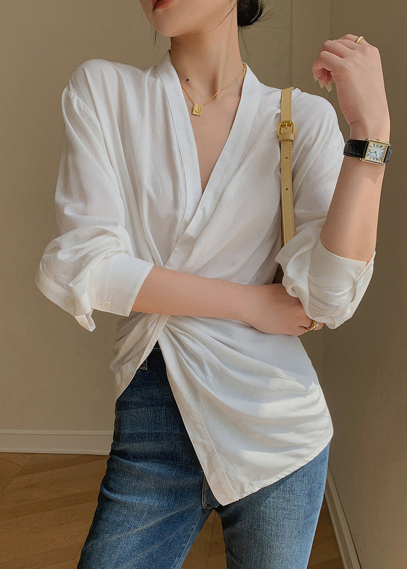 White V Neck Asymmetrical Patchwork Cotton Shirt Tops Long Sleeve