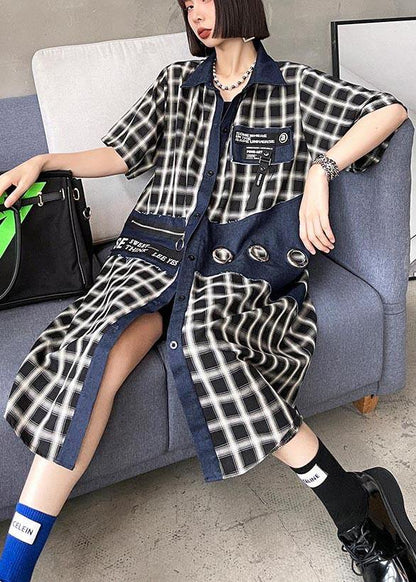 Blue Plaid Patchwork Peter Pan Collar Summer Cotton Dress