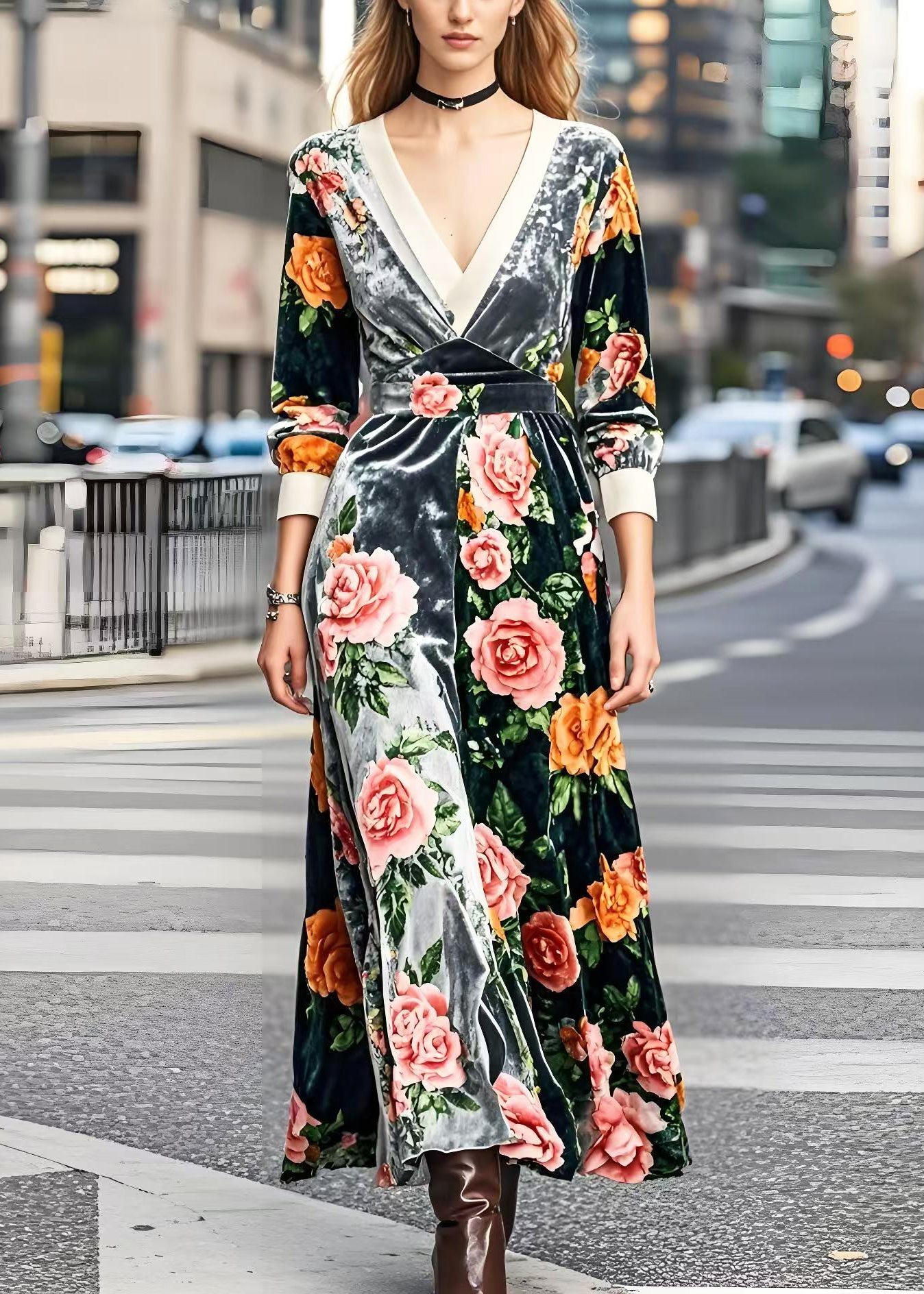 Silm Fit V Neck Patchwork Silk Velour Robe Dresses Spring
