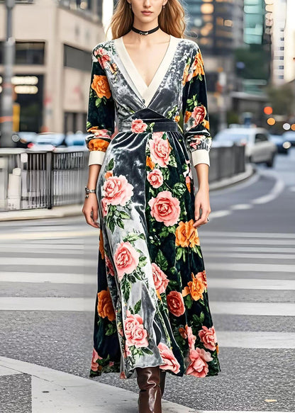 Silm Fit V Neck Patchwork Silk Velour Robe Dresses Spring
