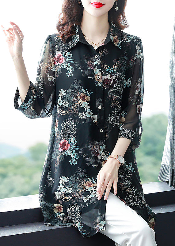 Black Button Peter Pan Collar Print Long Chiffon Blouses Three Quarter Sleeve
