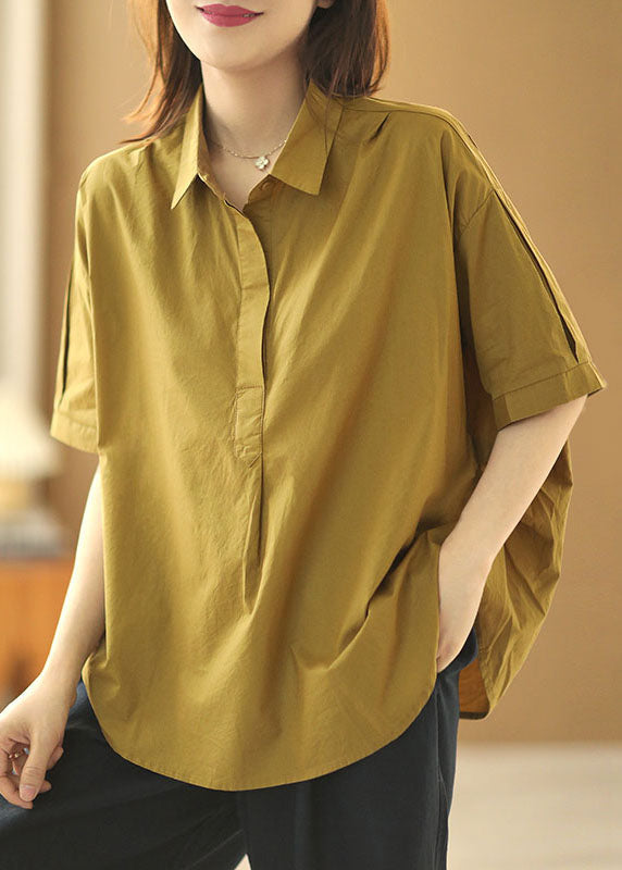 Khaki Peter Pan Collar Patchwork Cotton Shirt Tops Short Sleeve