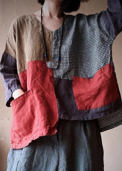 V Neck Pockets Asymmetrical Patchwork Pockets Linen Tops Long Sleeve