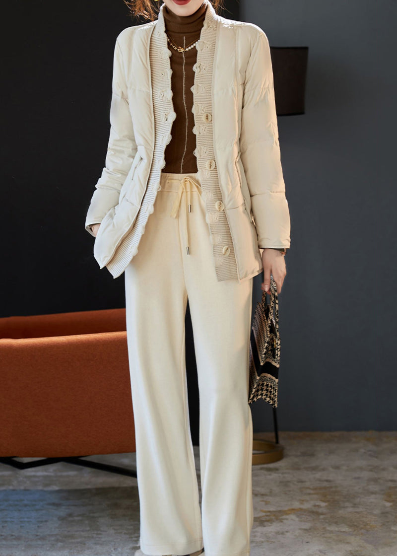 Beige V Neck Patchwork Duck Down Puffers Jackets Winter