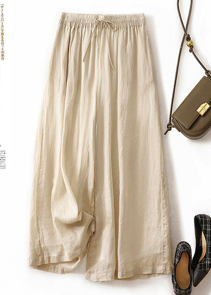 Modern White Elastic Waist Linen Wide Leg Pants Summer