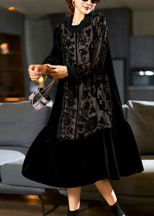 Black O-neck Embroideried Patchwork Silk Velour Maxi Dress Long Sleeve