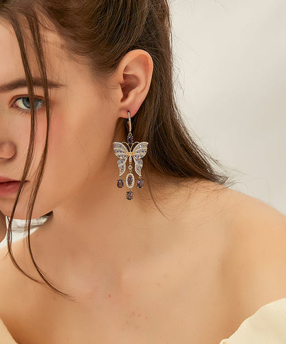 Purple Copper Zircon Crystal Butterfly Tassel Drop Earrings