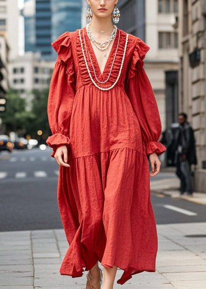 Red Oversized Ruffles Cotton Maxi Dresses Fall