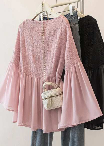 Pink Wrinkled Chiffon Blouse Tops Flare Sleeve Fall