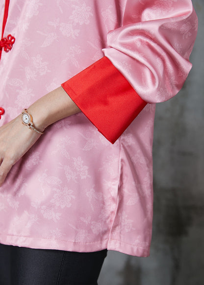 Pink Chinese Button Print Silk Blouse Tops Spring