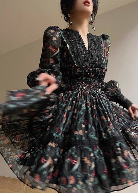 Black V Neck Print Lace Patchwork Chiffon Short Dress Long Sleeve Fall