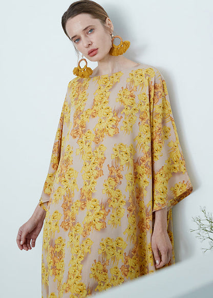 Yellow O Neck Print Chiffon Robe Dresses Summer