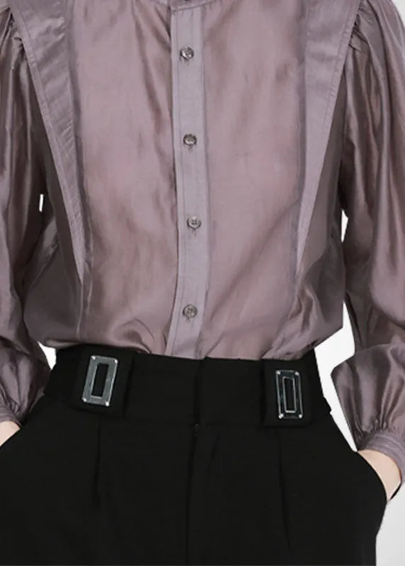 Grey Purple Peter Pan Collar Patchwork Shirt Tops Long Sleeve