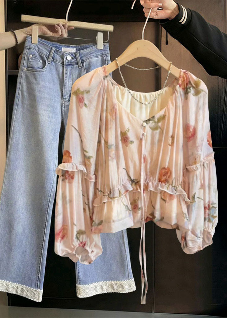 V Neck Tie Lace Print Ruffled Shirts Fall