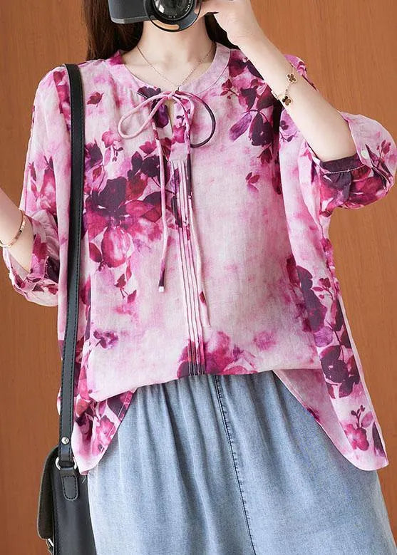 Pink Print Short Sleeve Summer Cotton Shirt Top