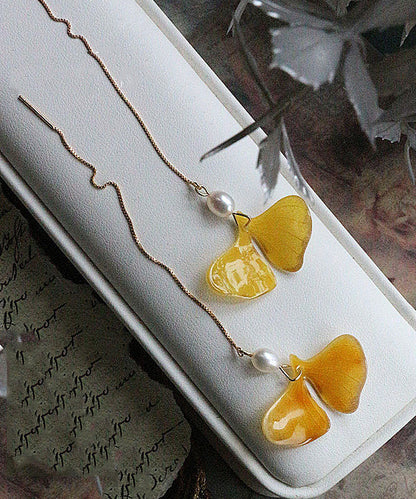 Stylish Yellow 14k Gold Pearl Ginkgo Leaf Tassel Drop Earrings