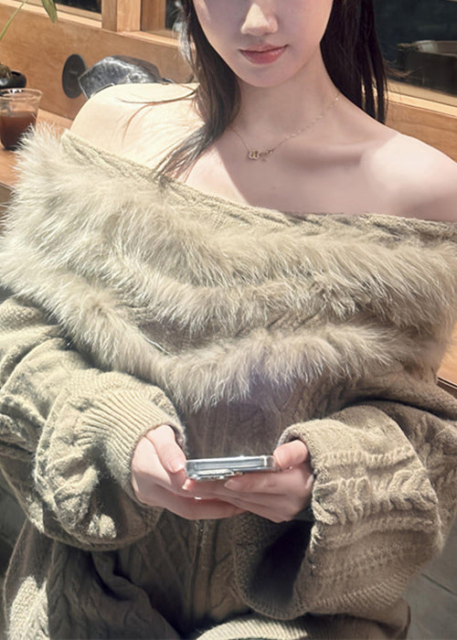 Loose Khaki Slash Neck Fluffy Patchwork Knit Cable Sweater Spring