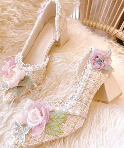 New Pink Flower Nail Bead Pointed Toe Coarse Heels