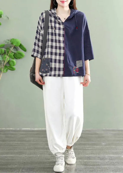 Blue Hooded Plaid Patchwork Drawstring Fall Tops Half Sleeve