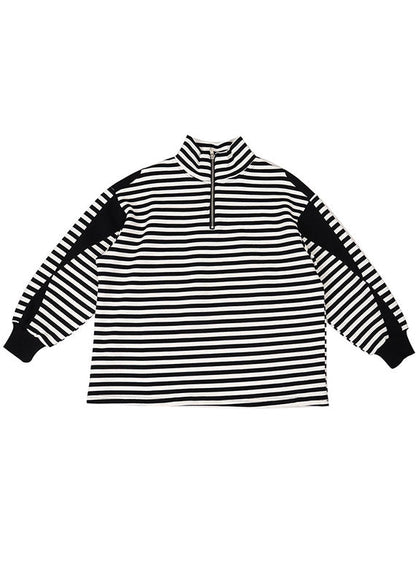 Unique Black White Striped Loose Zippered Patchwork Fall Long Sleeve Top