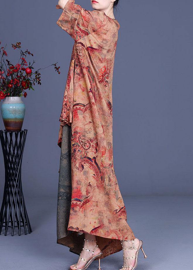 French Orange Asymmetrical V Neck Print Summer Silk Summer Dress Half Sleeve