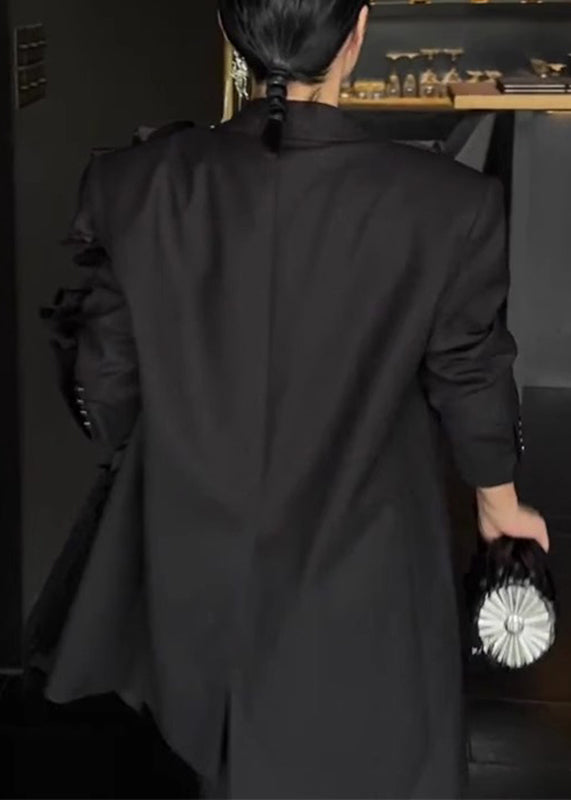 French Black Notched Asymmetrical Coats Long Sleeve