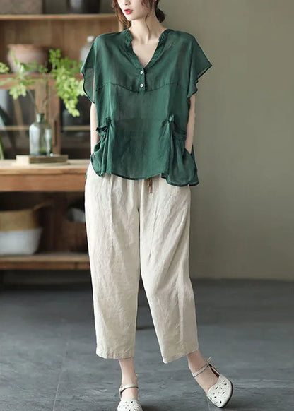 Green V Neck Button Fall Short Sleeve Blouse Top