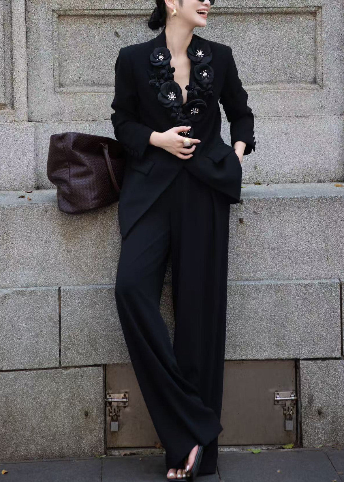 Italian White Decorated Suit Coat and Pants Two Pieces Set Fall