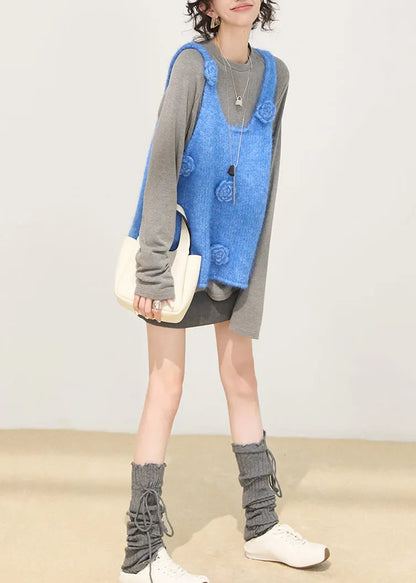 Gradient Blue Knit Vests Oversized Winter