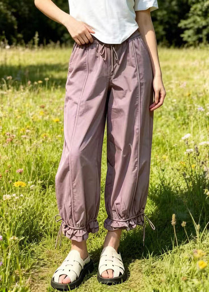 Purple Oversized Pockets Cotton Beam Pants Summer