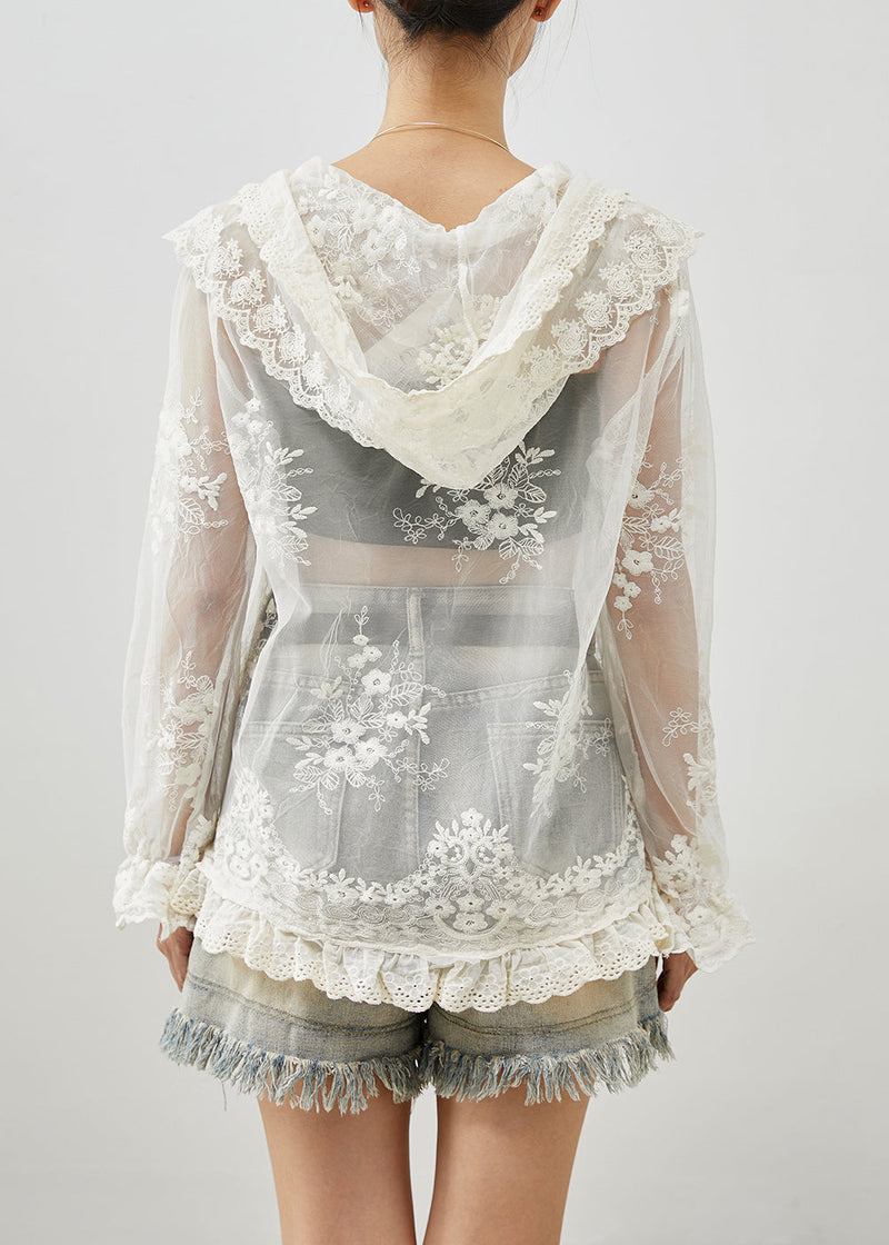 White Hooded Embroideried Patchwork Tulle Upf 50+ Coats Fall