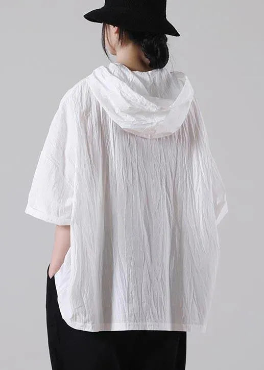 White Hooded Cotton Tops Summer