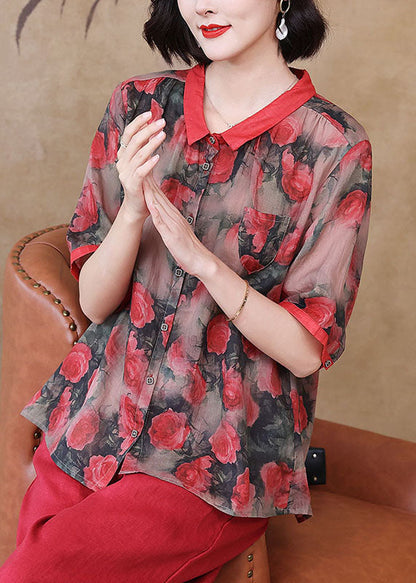 Red Peter Pan Collar Print Button Patchwork Linen Top Summer