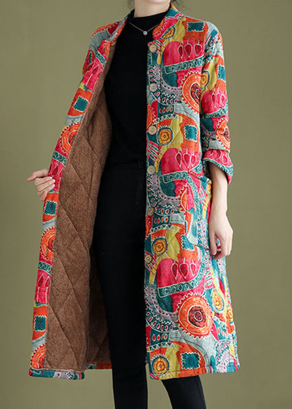Red Print Fine Cotton Filled Warm Fleece Coats Stand Collar Winter