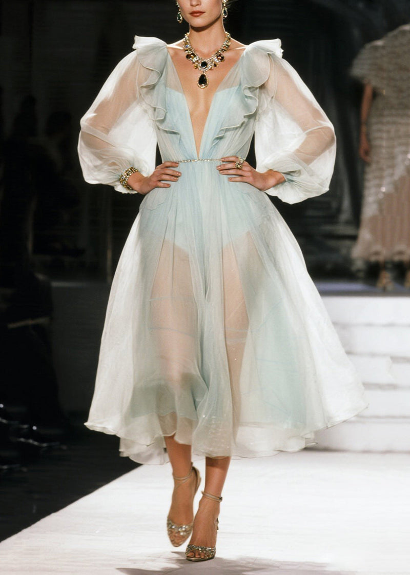 White Ruffled Sheer Organza Holiday Dress Summer