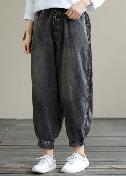 Modern Spring Wide Leg Pants Denim Gray Sewing Elastic Waist Pockets Jeans