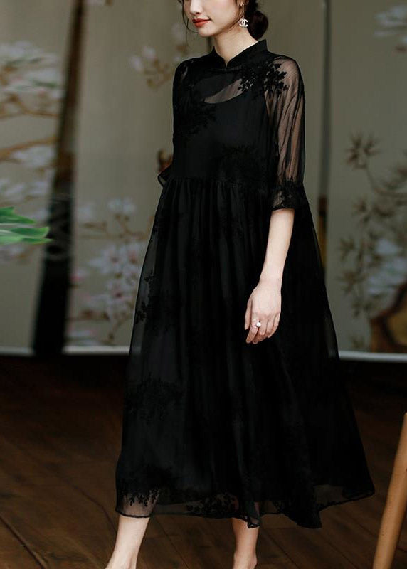 Natural Black Stand Collar Embroideried Button Tulle Long Dress Half Sleeve Summer