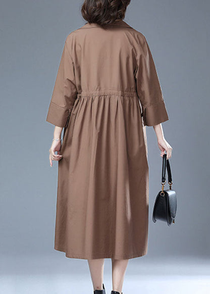 Khaki Pockets Drawstring Patchwork Cotton Long Trench Coat Bracelet Sleeve