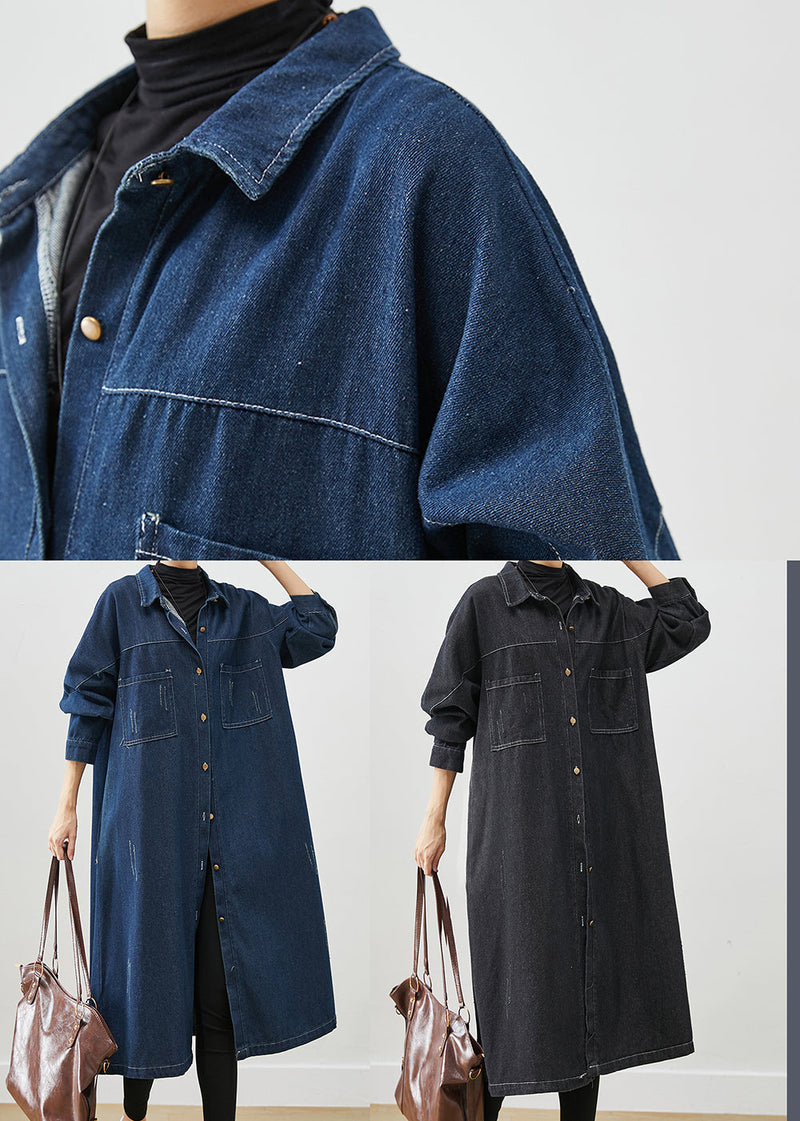 Navy Denim Trench Coats Oversized Pockets Spring