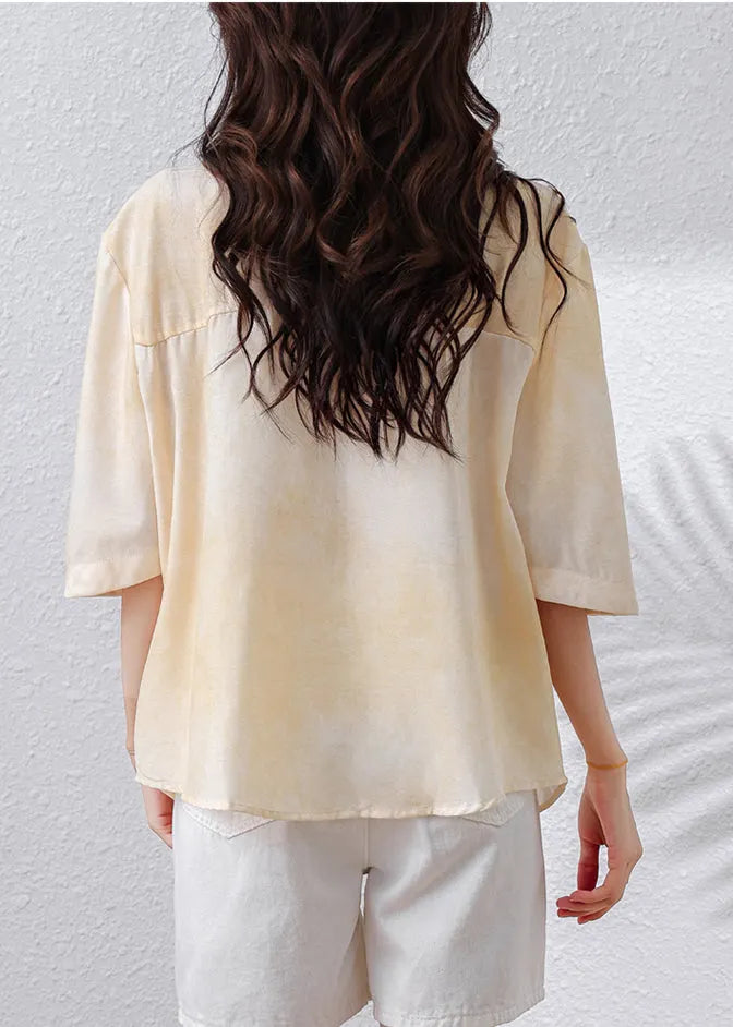 Apricot Drawstring Nail Bead Cotton Blouse Top Half Sleeve