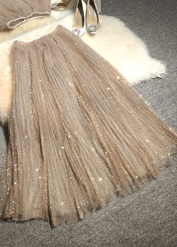 Khaki Embroideried Sequins Tulle a Line Skirt Spring