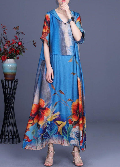 Simple Blue Print Hooded Patchwork Silk Ankle Dress Summer
