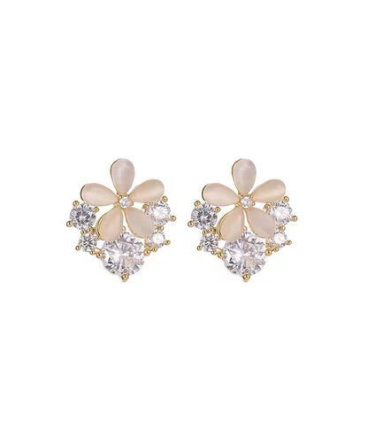 Regular Beige Sterling Silver Overgild Cat's Eye Stone Zircon Stud Earrings