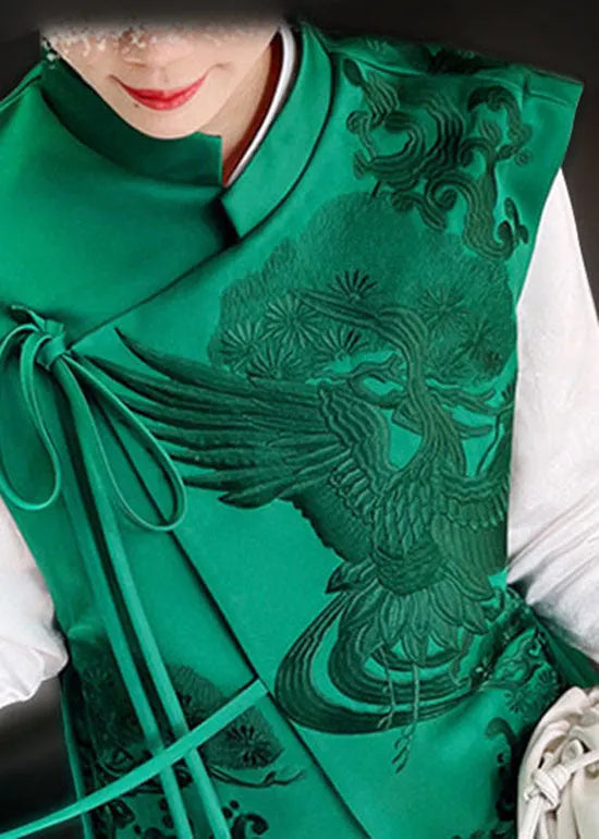 Green Stand Collar Embroideried Lacing Silk Vest Spring