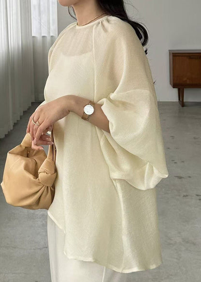 Beige Oversized Chiffon Sheer Top Batwing Sleeve
