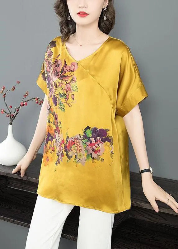 Yellow Print Chiffon Tanks V Neck Short Sleeve