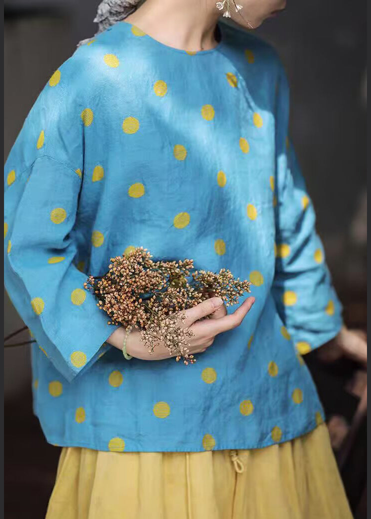 Blue O Neck Button Dot Linen Shirt Fall
