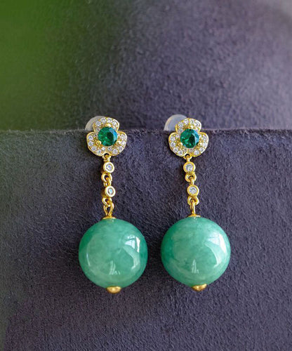 Green Sterling Silver Overgild Jade Crystal Zircon Drop Earrings