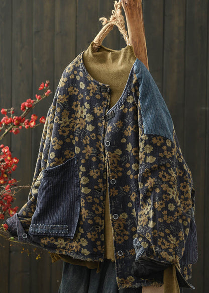 Coffee Print Pockets Denim Patchwork Fine Cotton Filled Jacket Winter